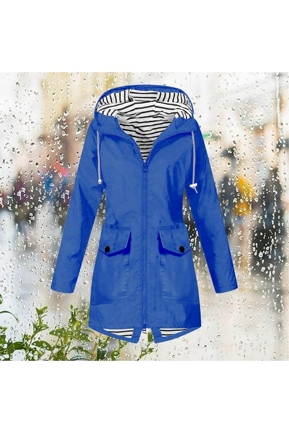 Spring Tops for Women Jackets for Women Plus Size Women Solid Color Rain Jacket Outdoor Hooded Windproof Loose with Pocket Coat
