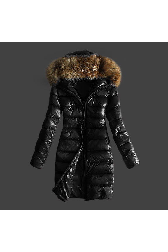 Jackets for Women Plus Size in Women Outwear Quilted Winter Warm Collar Hooded Jacket Tops Black XXL