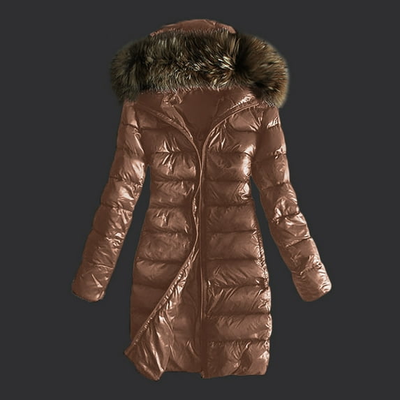 Homenesgenics Jackets for Women Plus Size in Women Outwear Quilted Winter Warm Collar Hooded Jacket Tops Brown S