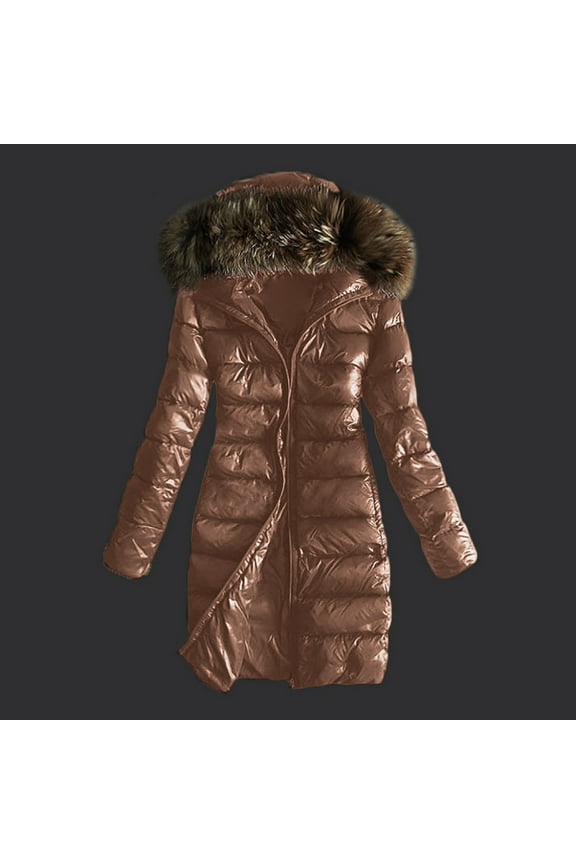 Jackets for Women Plus Size in Women Outwear Quilted Winter Warm Collar Hooded Jacket Tops Brown XXXL