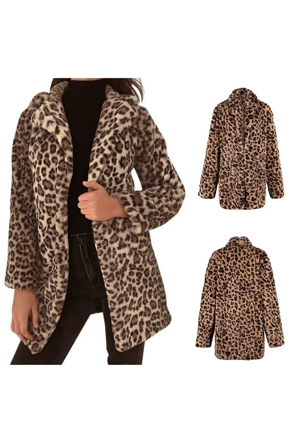 Jackets for Women Plus Size in Women's Leopard Faux-Fur Imitation Lapel Long Sleeve Coat Outwear Coat Jacket Brown XXL