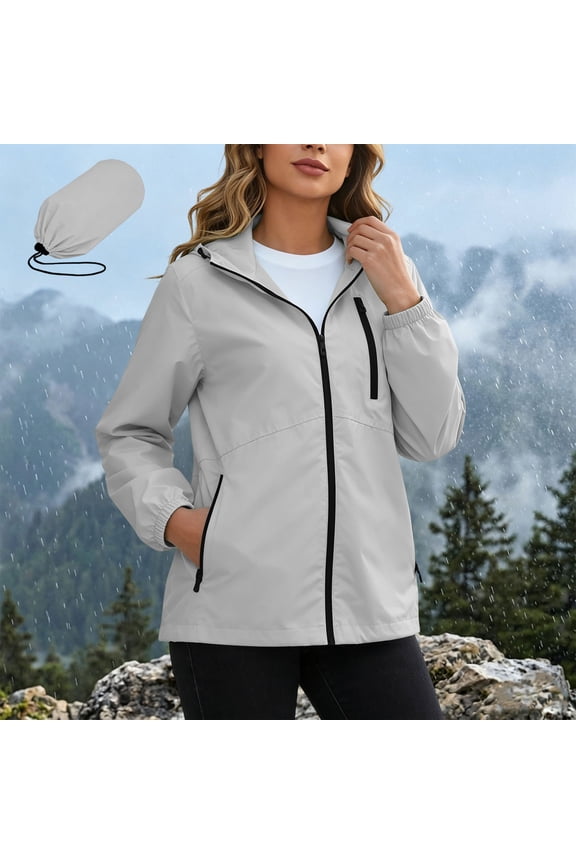 Jackets for Women Solid-Color Long-Sleeve Hooded with Zipper, Splash-Resistant, Windproof, Casual Outdoor (with Storage Pouch) Gray L