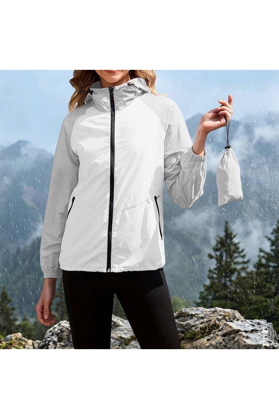 Jackets for Women Two-Tone Long-Sleeve Hooded with Zipper, Splash-Resistant, Windproof, Casual Outdoor (with Storage Pouch) Gray XXL
