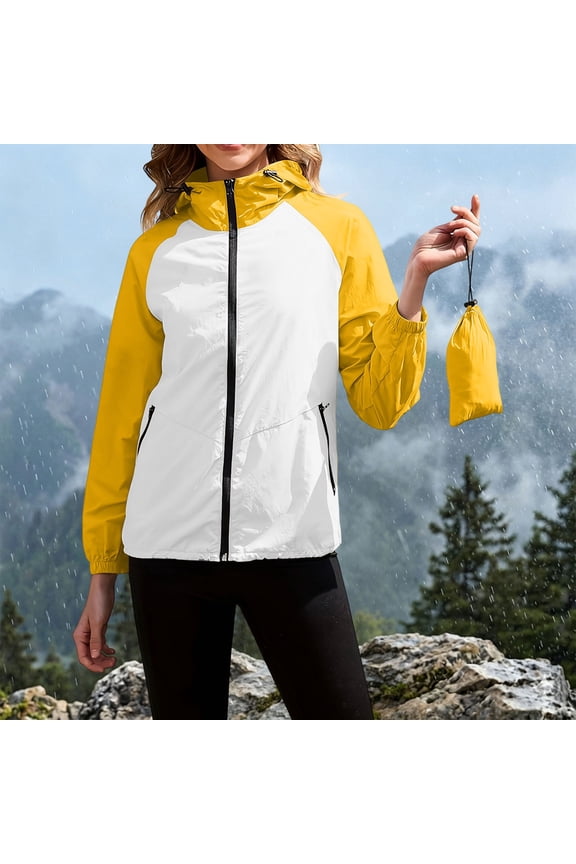 Jackets for Women Two-Tone Long-Sleeve Hooded with Zipper, Splash-Resistant, Windproof, Casual Outdoor (with Storage Pouch) Yellow XXL