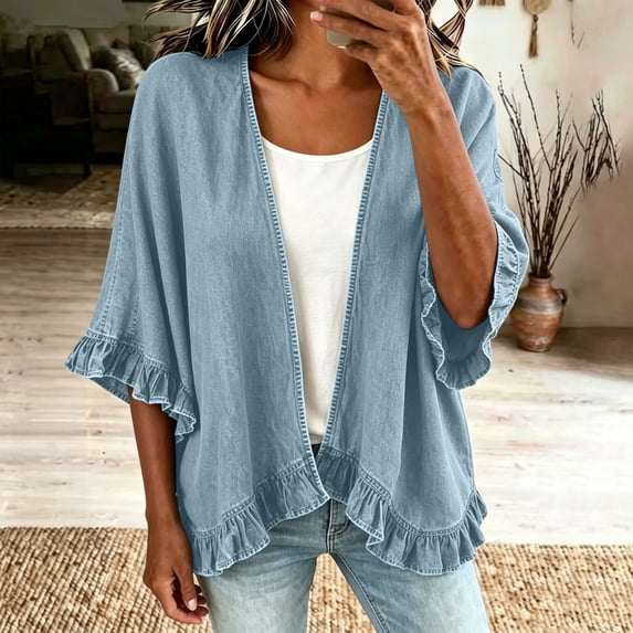 Homenesgenics Jean Jacket for Women Denim Plus Size Open-Front Ruffled-Sleeve Lightweight Cardigan Casual-Style Blue L