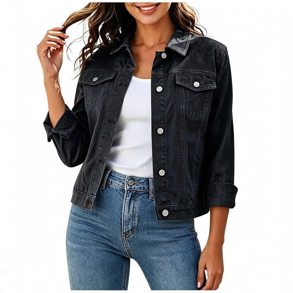 Homenesgenics Jean Jacket for Women Denim with Decorative Pockets Multiple Pockets Buttons Black S