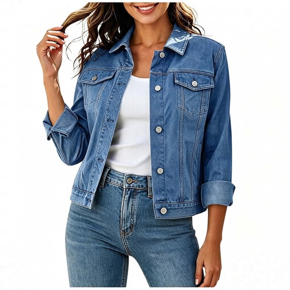 Homenesgenics Jean Jacket for Women Denim with Decorative Pockets Multiple Pockets Buttons Blue M