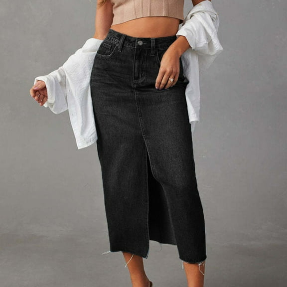 Homenesgenics Jean Skirts for Women Women's Retro Button Irregular Split Denim High Waist Denim Long Skirt