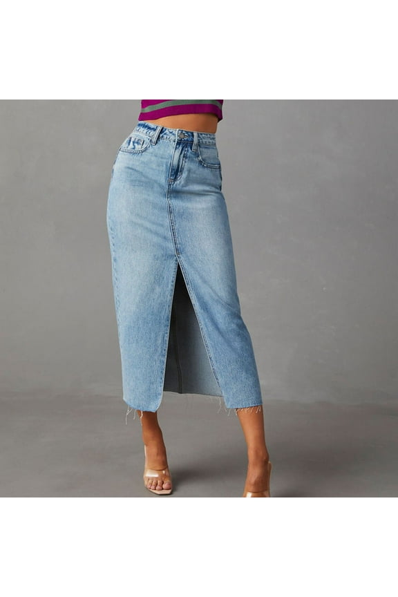 Skirt for Women Women Fashion Leisure No Bombs Denim Split A-Line High Waist Skirt Blue XXL