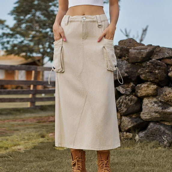 Homenesgenics Jean Skirts for Women Women's Spring/summer Denim Casual Wear Pocket Skirt Casual Mid Length Skirt