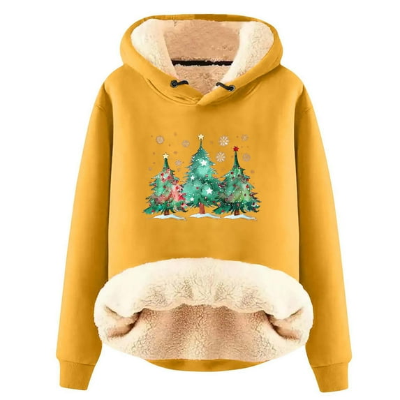 Homenesgenics Ladies' Christmas Printed Hooded Drawstring off Shoulder Long Sleeved Sweatshirt with Winter Fleece Top Plus Size Hooded Casual Jacket Plush Yellow S