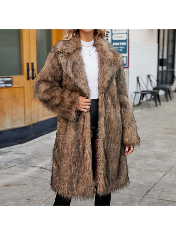 Ladies Warm Faux Fur Winter Coats for Women Plus Size Womens Ladies Warm Faux Furry Long Coat Jacket Winter Solid V-Neck Outerwear