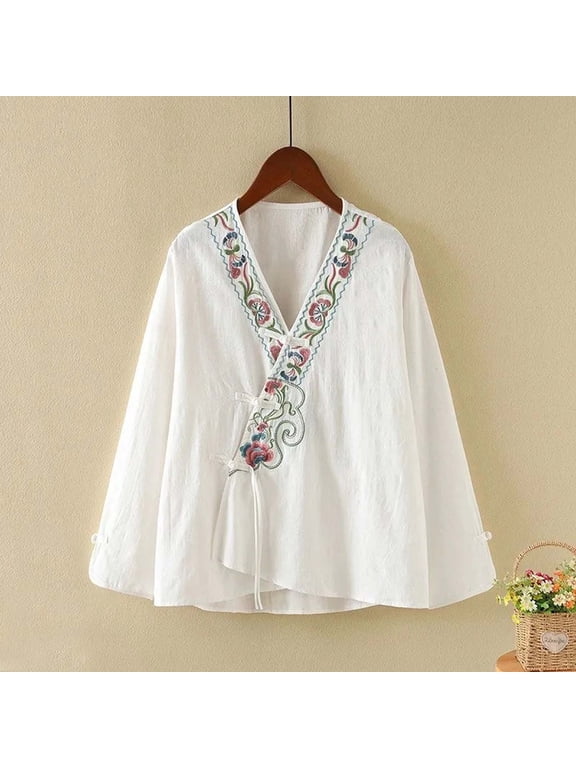 Ladies/Women's Tops Plus Size, Tees & Blouses,Going out/Workout Tops for Women,Summer Casual Tops Cotton-Linen Blend Embroidered Wrap-Front V-Neck Button-Down Solid-Color White XL