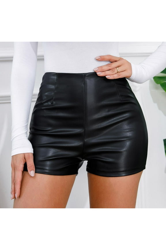 Leather Shorts for Women Womens Short Summer High Waist Casual Shorts Elastic Waist/(Black,S)