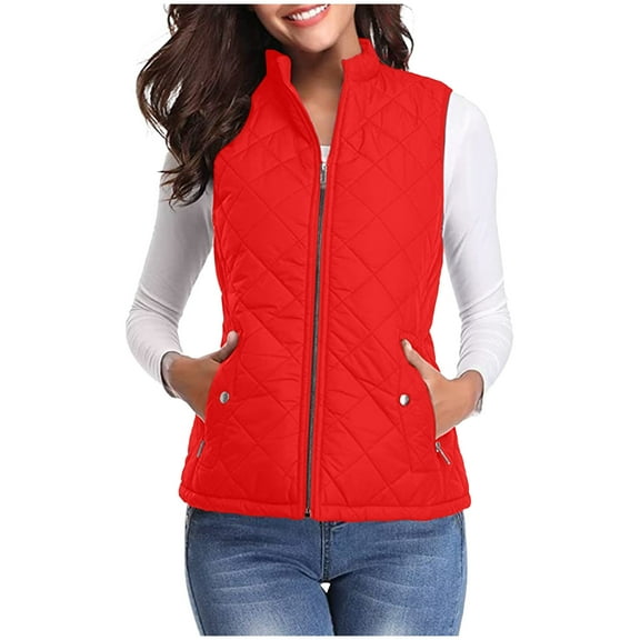 Homenesgenics Lightweight Quilted Womens Jacket Fashion Women Pocket Coat Long Jacket Winter Sleeveless Down Cotton Waistcoat Red L