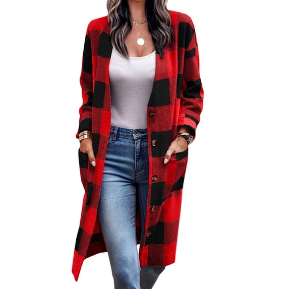 Homenesgenics Long Plaid Jackets for Women Plus Size Women Fashion Button Plush Tops Plaid Print Loose Cardigan with Pocket Coat Jacket Red XXXL