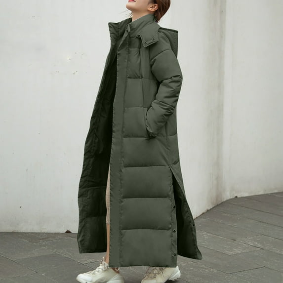 Homenesgenics Long Puffer Jackets for Women Plus Size Hoodie Winter Fashion Woman Lengthened and Thickened Medium Length Down Cotton Jacket Green M