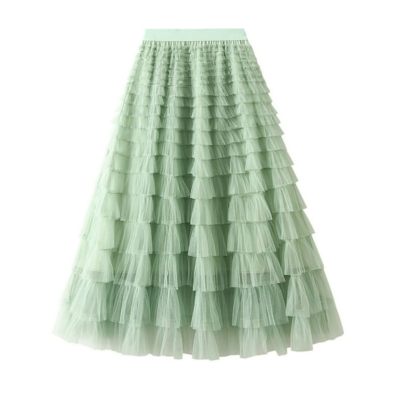 Homenesgenics Long Skirts for Women Summer Women's Solid Color Ruffled Mesh Skirt High Waist Prom Poached Skirt Half-length Skirt