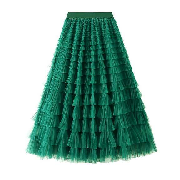 Homenesgenics Long Skirts for Women Summer Women's Solid Color Ruffled Mesh Skirt High Waist Prom Poached Skirt Half-length Skirt