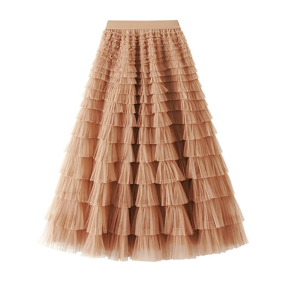 Homenesgenics Long Skirts for Women Summer Women's Solid Color Ruffled Mesh Skirt High Waist Prom Poached Skirt Half-length Skirt