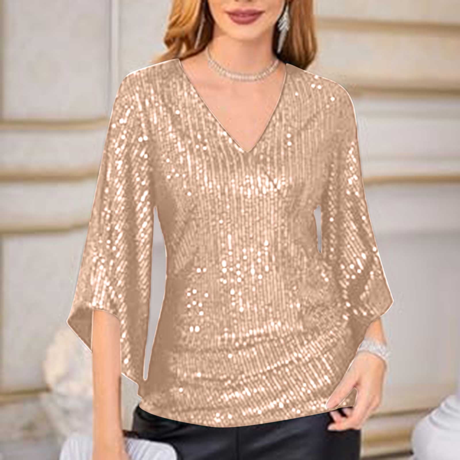 Party Tops Gold Glitter Top Womens Women Sequin Top, Sexy V Neck