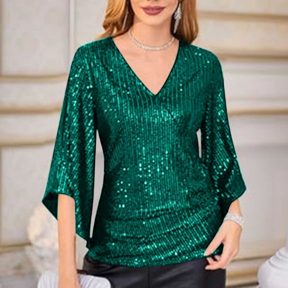 Homenesgenics Long Sleeve Shirts for Women under $10 Womens Sequin Tops 3/4 Sleeve Glitter Sparkly Party Blouse V-Neck Dressy Tops for Evening Party Green S