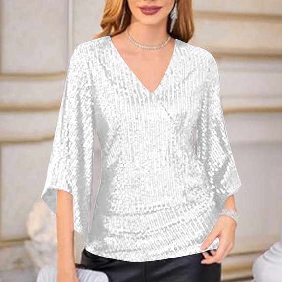 Homenesgenics Long Sleeve Shirts for Women under $10 Womens Sequin Tops 3/4 Sleeve Glitter Sparkly Party Blouse V-Neck Dressy Tops for Evening Party White M