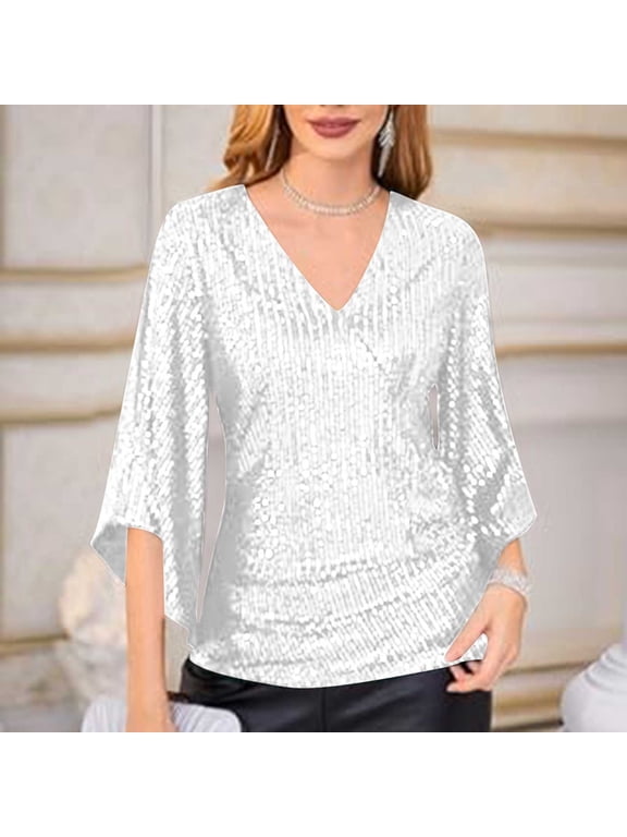 Homenesgenics Long Sleeve Shirts for Women under $10 Womens Sequin Tops 3/4 Sleeve Glitter Sparkly Party Blouse V-Neck Dressy Tops for Evening Party White M