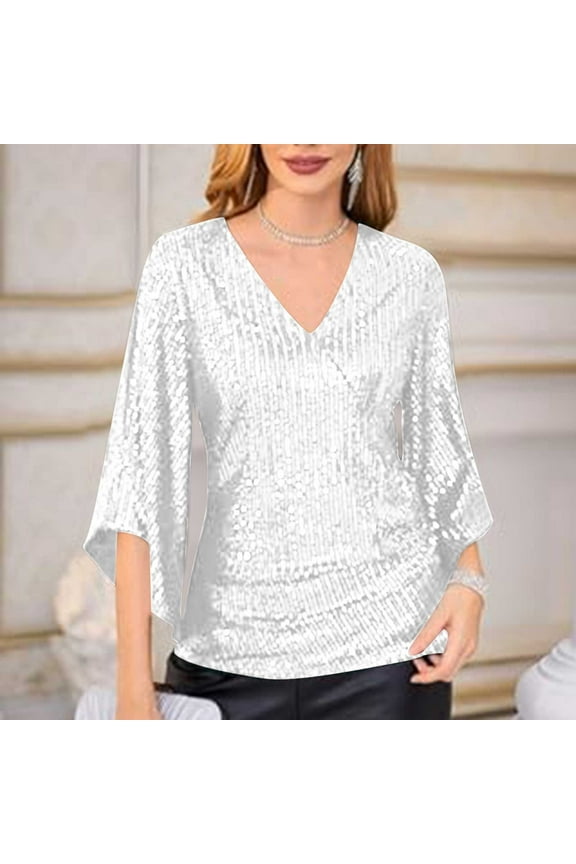Homenesgenics Long Sleeve Shirts for Women under $10 Womens Sequin Tops 3/4 Sleeve Glitter Sparkly Party Blouse V-Neck Dressy Tops for Evening Party White M