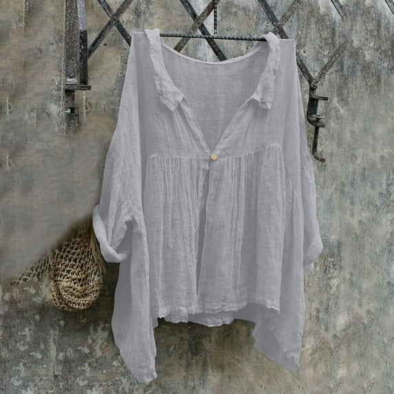 Homenesgenics Long Sleeve Shirts for Women Button Up Buttons V Neck Tops Trendy Dressy Blouses Casual Tunic Womens Fall Clothing New Arrivals Gray XL