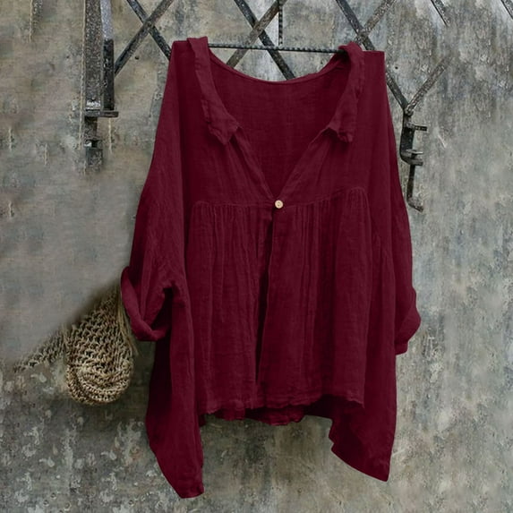 Homenesgenics Long Sleeve Shirts for Women Button Up Buttons V Neck Tops Trendy Dressy Blouses Casual Tunic Womens Fall Clothing New Arrivals Red L