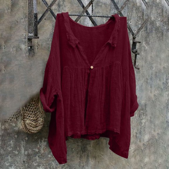 Homenesgenics Long Sleeve Shirts for Women Button Up Buttons V Neck Tops Trendy Dressy Blouses Casual Tunic Womens Fall Clothing New Arrivals Red XXL