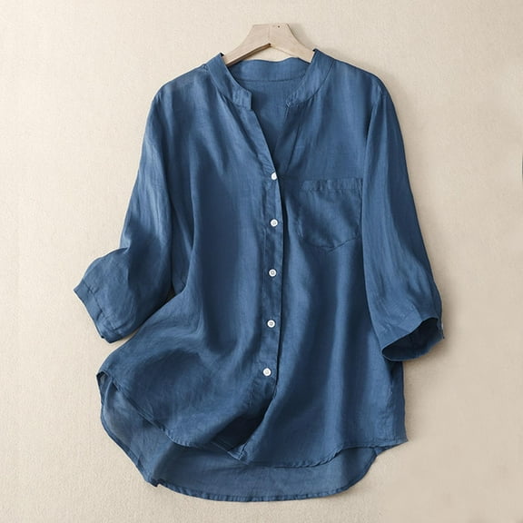 Homenesgenics Long Sleeve Shirts for Women Plus Size Women's Linen Shirt Roll-Up Sleeve Tops Button Tunic Pockets Blouse Womens Fall Clothing New Arrivals White XL