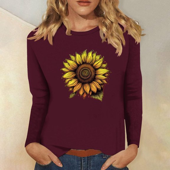 Spring Tops for Women Long Sleeve Shirts for Women Plus Size under $5 Women's Retro Fall Trendy Classic Print Round Neck Tops/shirt Red 3x