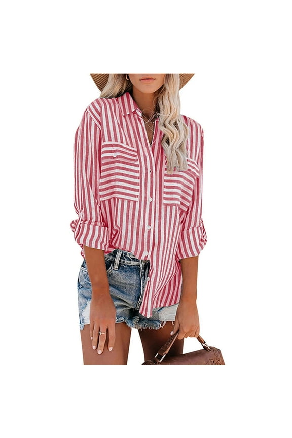 Homenesgenics Long Sleeve Shirts for Women under $10 Women's Fall Casual Mid-length Vertical Striped Multi-colored Shirt Yellow XXL