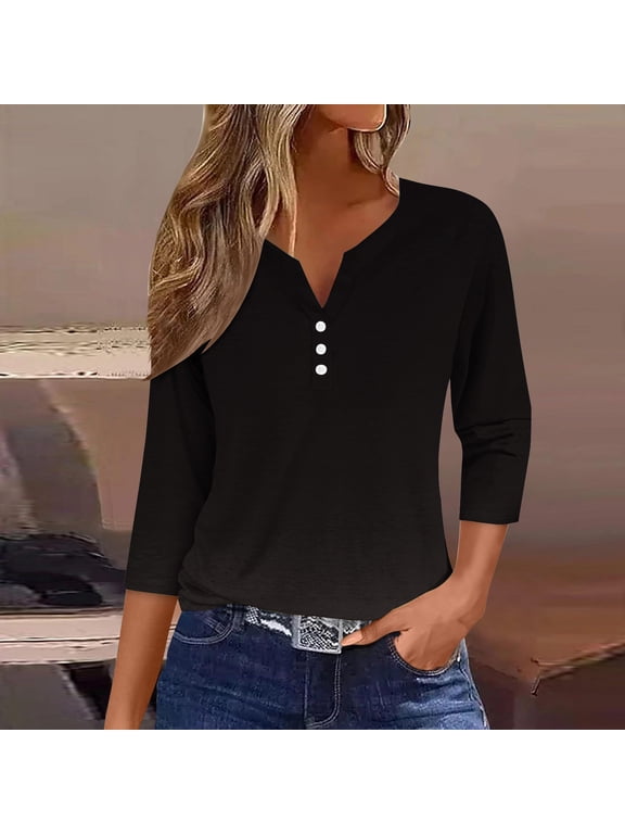 Long Sleeve Shirts for Women under $10 Women's Fall Casual Solid T-shirt 3/4 Sleeves Buttons Blouse V-Neck Casual Tops Black M
