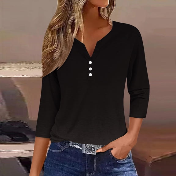 Homenesgenics Long Sleeve Shirts for Women under $10 Women's Fall Casual Solid T-shirt 3/4 Sleeves Buttons Blouse V-Neck Casual Tops Black M