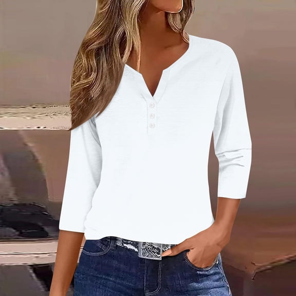 Homenesgenics Long Sleeve Shirts for Women under $10 Women's Fall Casual Solid T-shirt 3/4 Sleeves Buttons Blouse V-Neck Casual Tops White XXXL
