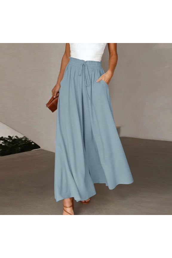 Loose Fit Summer Stretch Casual Trousers Elastic Waist Womens Dress Pants Womens Pull Dress Pants Wide Leg Cotton Linen Womens Pants Blue M