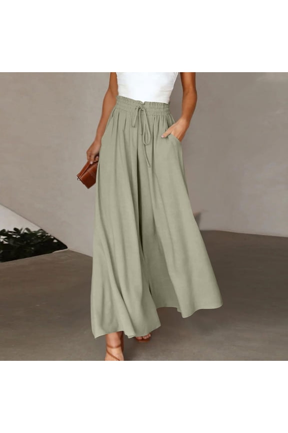 Loose Fit Summer Stretch Casual Trousers Elastic Waist Womens Dress Pants Womens Pull Dress Pants Wide Leg Cotton Linen Womens Pants Green XXL