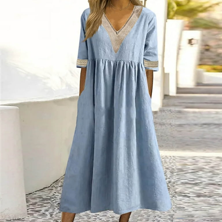 Homenesgenics Maxi Dresses for Women on Clearance under 10 Womens Summer New Solid Color Short Sleeve Lace V Neck Waistline Hem Dress Gifts for Women