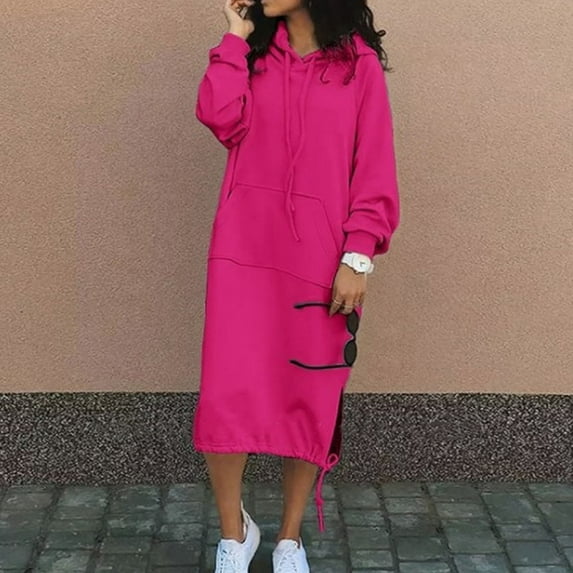 Homenesgenics Maxi Dresses for Women Plus Size Fall Women's Long Sleeved V-Neck Solid Color Hooded Loose Fitting Dress Pink XXXL