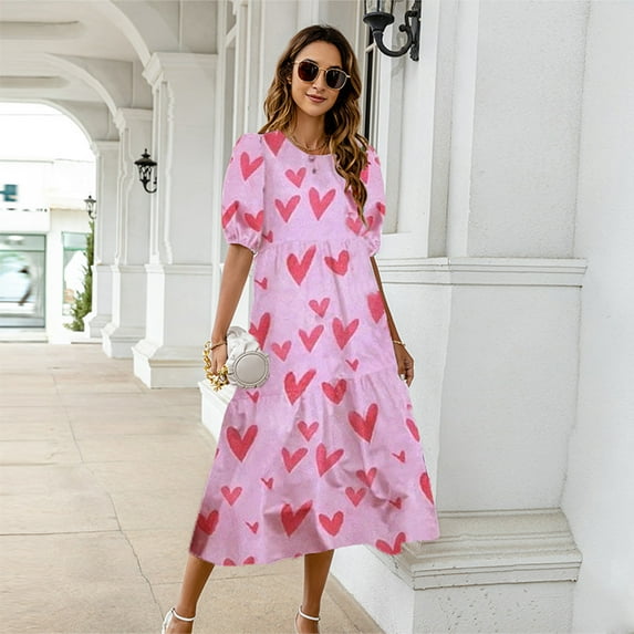 Homenesgenics Maxi Dresses for Women Plus Size Fashion Women Loose Solid Color O Puff Sleeve Casual Short Sleeves Dress