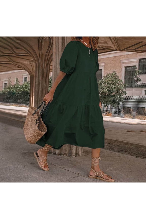 Maxi Dresses for Women Plus Size Fashion Women Loose Solid Color O Puff Sleeve Casual Short Sleeves Dress