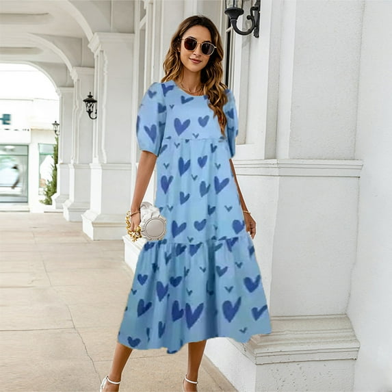 Homenesgenics Maxi Dresses for Women Plus Size Fashion Women Loose Solid Color O Puff Sleeve Casual Short Sleeves Dress