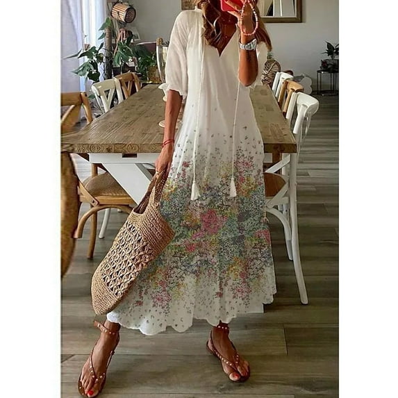 Homenesgenics Maxi Dresses for Women Plus Size Fashion Women's Casual Spring Summer V-Neck Short Sleeve Printed Dress
