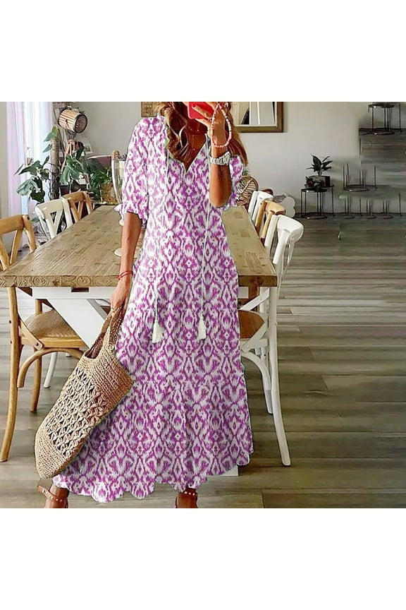 Maxi Dresses for Women Plus Size Fashion Women's Casual Spring Summer V-Neck Short Sleeve Printed Dress