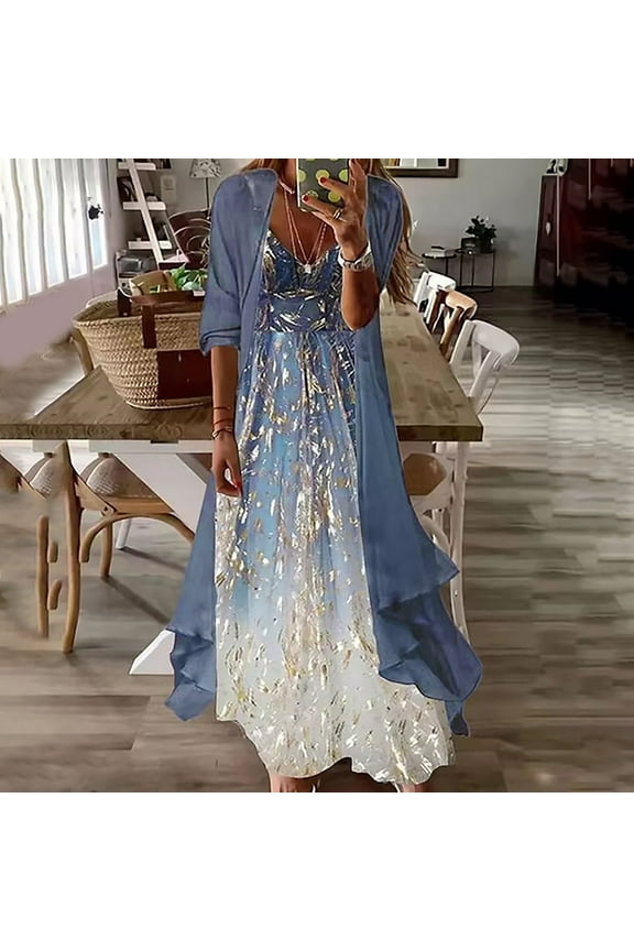 Dresses for Women Under $10 Summer 3/4 Sleeve Smock + Dress Two Piece Set Long Dress Beach Maxi Dress