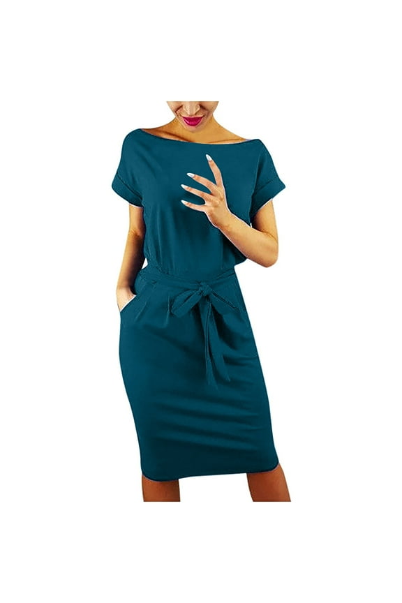 Maxi Dresses for Women Women's Striped Elegant Short Sleeve Wear To Work Casual Pencil Dress with Belt