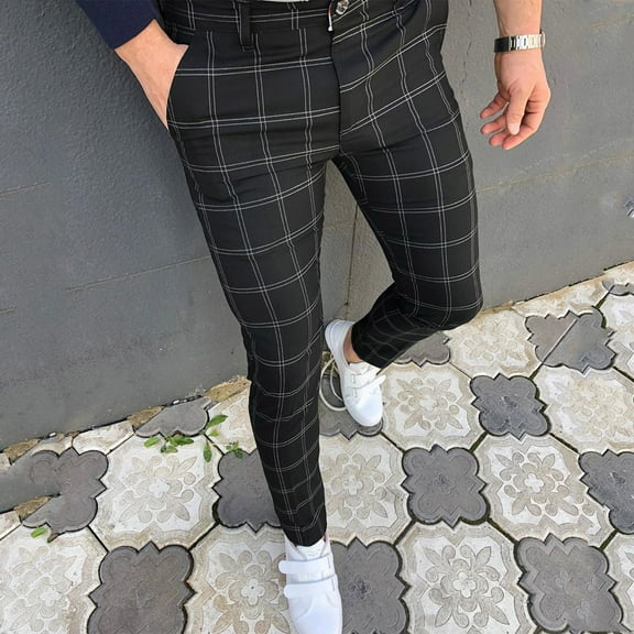 Homenesgenics Men Pants under $10 Checkered Pants Men Dress Pants,Casual Plaid Flat-Front Skinny Business Pencil Long Pants Pocket